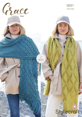 Stylecraft Grace Aran Pattern 9931 - Shawls